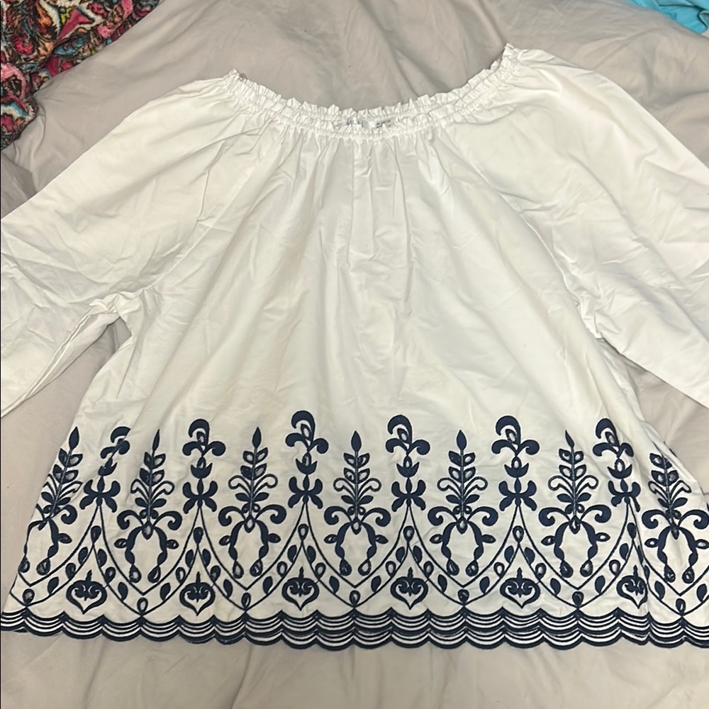 White and Blue Embroidered Women's Top